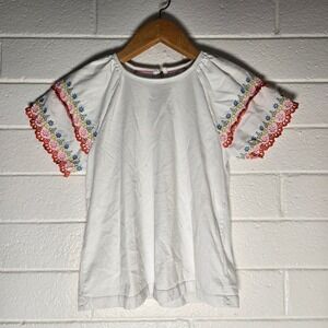 Mini Boden Girls Top 11-12Y White Embroidered Flutter Sleeve Boho Tee Garden